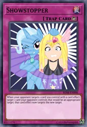 Size: 813x1185 | Tagged: safe, artist:badumsquish, derpibooru import, trixie, earth pony, monster girl, pony, unicorn, g4, abstract background, bipedal, cape, card, card game, ccg, clothes, derpibooru exclusive, female, grin, gritted teeth, hair ornament, harpie girl, hat, horn, image, jewelry, magic trick, mare, one eye closed, png, scared, smiling, surprised, teeth, tiara, trading card, trap card, trixie's hat, wink, yu-gi-oh!, yugioh card