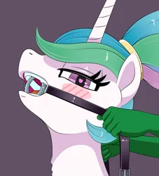 Size: 2725x3000 | Tagged: suggestive, artist:anonymousandrei, derpibooru import, princess celestia, oc, oc:anon, alicorn, human, pony, g4, alternate hairstyle, blush sticker, blushing, derpibooru exclusive, drool, female, gag, getting gagged, heart, heart eyes, horn, image, implied bondage, jpeg, male, mare, offscreen character, ponytail, ring gag, simple background, wingding eyes