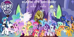 Size: 4000x2000 | Tagged: safe, artist:andoanimalia, artist:greenmachine987, artist:mlpfan3991, artist:ponyhd, derpibooru import, editor:mlpfan3991, apple bloom, applejack, bon bon, derpy hooves, discord, fluttershy, lyra heartstrings, octavia melody, pinkie pie, princess cadance, princess celestia, princess flurry heart, princess luna, rainbow dash, rarity, scootaloo, shining armor, spike, starlight glimmer, sunset shimmer, sweetie belle, trixie, twilight sparkle, twilight sparkle (alicorn), vinyl scratch, oc, oc:flare spark, alicorn, draconequus, dragon, earth pony, pegasus, unicorn, g4, cello, female, horn, image, indoors, jpeg, male, mane six, mlp fim's fifteenth anniversary, music stand, musical instrument, my little pony logo, record, sound mixer, twilight's castle, vector used