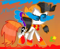 Size: 792x654 | Tagged: safe, artist:mlpslightningbolts, derpibooru import, oc, oc:moonlight, unofficial characters only, pegasus, pony, g4, 2015, art trade, blue sclera, clothes, colored wings, female, fire, image, jpeg, leg markings, mare, mismatched mane and tail, orange background, princess luna's cutie mark, scarf, simple background, sombra eyes, striped scarf, two toned wings, wings
