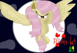 Size: 1006x690 | Tagged: safe, artist:mlpslightningbolts, derpibooru import, fluttershy, bat pony, pony, bats!, g4, 2015, bat ponified, female, flutterbat, flying, full moon, image, mare, moon, my little pony, night, night sky, no nose, pixel-crisp art, png, race swap, red eyes, sky, solo, speedpaint available, spread wings, wings