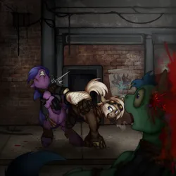 Size: 2400x2400 | Tagged: grimdark, artist:molars, derpibooru import, rainbow dash, oc, oc:rosecup, unofficial characters only, earth pony, pony, zebra, ashes town, fallout equestria, g4, apocalypse, blood, blood splatter, boots, brick wall, clothes, complex background, dust town, fallout, gun, head shot, image, impact, kicking, ministry mare, ministry of awesome, nosebleed, png, raider, shoes, smoking gun, weapon