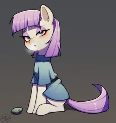 Size: 2272x2416 | Tagged: safe, artist:kitindash, derpibooru import, boulder (pet), maud pie, earth pony, pony, g4, blushing, breath, clothes, cute, duo, female, gradient background, heavy breathing, image, lidded eyes, looking at you, makeup, mare, maudabetes, open mouth, png, sitting, solo, sweat, sweater, turtleneck