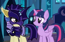 Size: 1350x886 | Tagged: safe, artist:ghostpikachu, derpibooru import, fluttershy, twilight sparkle, twilight sparkle (alicorn), alicorn, bat pony, pony, unicorn, g4, the cutie re-mark, alternate timeline, armor, base used, bat ponified, castle of the royal pony sisters, derpibooru exclusive, duo, fangs, female, flutterbat, horn, image, indoors, mare, mlp fim's fifteenth anniversary, my little pony, night guard, night guard armor, nightmare takeover timeline, png, race swap, wings