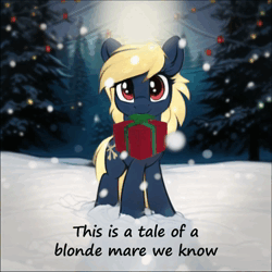 Size: 800x800 | Tagged: safe, ai generated, artist:hazy skies, derpibooru import, edit, oc, oc:blonde spooky bone stealer, unofficial characters only, earth pony, pony, animated, blonde, bone, christmas, cute, cutie mark, earth pony oc, fairy lights, female, holding, holiday, image, looking at you, mare, mp4, musical instrument, present, red eyes, reformed, snow, snowfall, solo, song, synthesizer, tree, video