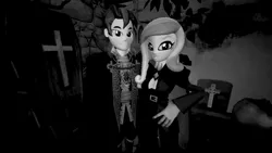 Size: 2560x1440 | Tagged: safe, alternate version, artist:oatmeal!, derpibooru import, princess cadance, shining armor, human, undead, vampire, equestria girls, g4, 3d, black and white, clothes, coffin, costume, couple, dean cadance, dracula, duo, duo male and female, fangs, female, gmod, gravestone, grayscale, halloween, halloween costume, hand on hip, holiday, image, looking at you, male, monochrome, png, pumpkin, standing