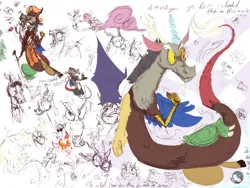 Size: 2048x1536 | Tagged: safe, artist:foxtrot, derpibooru import, discord, princess celestia, alicorn, draconequus, pony, g4, clothes, colored, colored sketch, dislestia, female, image, male, mare, playing card, png, shipping, sketch, sketch dump, solo focus, straight