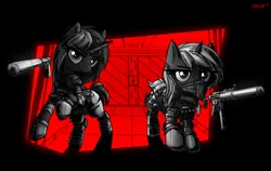 Size: 3400x2152 | Tagged: safe, artist:uteuk, derpibooru import, oc, unofficial characters only, pony, unicorn, clothes, female, gun, horn, image, mare, military, military uniform, mp5, partial color, png, submachine gun, suppressor, uniform, usp, weapon