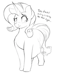 Size: 2792x3427 | Tagged: safe, artist:czu, derpibooru import, rarity, pony, unicorn, g4, ..., :/, butt, butt jiggle, commission, confused, confusion, dialogue, displeased, emanata, eyebrows, female, front view, high res, horn, image, jiggle, kicking, lidded eyes, long eyelashes, looking at belly, looking at self, looking at someone, mare, monochrome, motion lines, png, preggity, pregnant, raised eyebrow, rearity, sharp horn, simple background, sketch, solo, speech, subscribestar reward, talking, talking to herself, text, wall of tags, white background