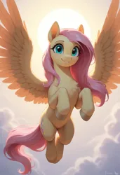 Size: 832x1216 | Tagged: safe, ai generated, prompter:danithoooxd, prompter:ponydrifter, prompter:stableheat, fluttershy, pegasus, pony, g4, cloud, female, flying, image, jpeg, mare, sky, solo, spread wings, sun, wings