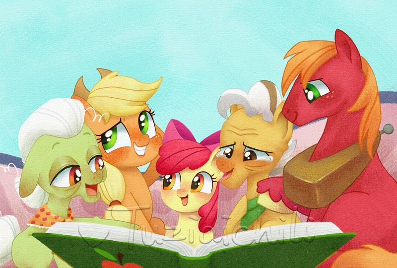 Size: 2781x1876 | Tagged: safe, alternate version, artist:tuzi ai chi li, derpibooru import, apple bloom, applejack, big mcintosh, grand pear, granny smith, earth pony, pony, g4, apple family, apple print, apple siblings, apple sisters, blonde hair, blushing, book, bow, brother and sister, brown eyes, clothes, couch, female, filly, foal, green eyes, grin, hair bow, hair streaks, hat, heart, image, indoors, jpeg, male, mare, neckerchief, open mouth, orange eyes, orange hair, photo album, pink bow, red hair, scarf, siblings, signature, sisters, sitting, smiling, stallion, teary eyes, text, watermark, white hair, yoke