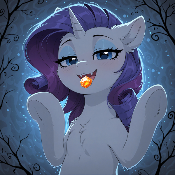 Size: 4680x4680 | Tagged: safe, ai generated, generator:yiffymix v61, generator:zoinksnoob, prompter:thedaren666, stable diffusion, rarity, pony, unicorn, g4, abstract background, blushing, chest fluff, ear fluff, eyebrows, fangs, female, fluffy, gem, half-closed eyes, halloween, holiday, hooves, hooves up, horn, image, jpeg, looking at you, mare, object in mouth, open mouth, particles, raised hoof, raised hooves, smiling, smiling at you, solo, teeth, tongue out, underhoof