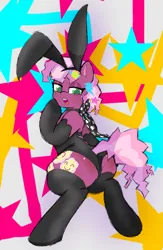 Size: 1201x1840 | Tagged: suggestive, artist:princessaegis, derpibooru import, cheerilee, earth pony, pony, g4, 80s, 80s cheerilee, abstract background, bipedal, bunny ears, bunny suit, clothes, image, png, solo, young cheerilee