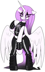 Size: 1575x2505 | Tagged: safe, artist:thebatfang, derpibooru import, princess celestia, alicorn, pony, g4, bipedal, boots, bracelet, clothes, ear piercing, earring, eye clipping through hair, female, floppy ears, heavy metal, image, jewelry, looking at you, mare, partially open wings, piercing, pink-mane celestia, pinktober, png, shoes, simple background, solo, spiked wristband, transparent background, wings, wristband