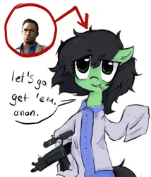 Size: 1460x1704 | Tagged: safe, artist:getvexed, derpibooru import, oc, oc:anonfilly, unofficial characters only, earth pony, pony, bipedal, button-up shirt, cigarette, clothes, dialogue, female, filly, foal, gun, hoof hold, image, left 4 dead 2, long sleeves, nick (l4d2), nick (left 4 dead), png, red arrow, red circle, rifle, scope, shirt, simple background, smiling, suit jacket, talking, talking to viewer, weapon, white background