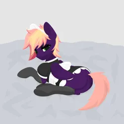 Size: 2048x2048 | Tagged: safe, artist:silver smile, derpibooru import, oc, oc:atlas, unofficial characters only, pegasus, pony, bed, clothes, derpibooru exclusive, green eyes, image, laying on bed, legwear, lineless, long socks, lying down, maid, male, on bed, pink mane, pink tail, png, purple coat, simple background, socks, solo, stallion, tail