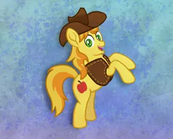 Size: 2500x2000 | Tagged: safe, artist:formulapony, derpibooru import, braeburn, earth pony, pony, g4, abstract background, apple, clothes, excited, food, hat, image, looking at you, male, open mouth, png, smiling, solo, stallion, vest