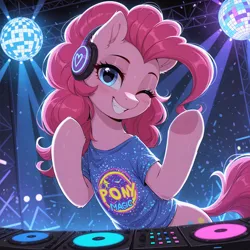 Size: 4680x4680 | Tagged: safe, ai generated, generator:yiffymix v61, prompter:thedaren666, stable diffusion, pinkie pie, earth pony, pony, g4, bare shoulders, blushing, clothes, cute, cute little fangs, disco ball, dj booth, dj console, ear fluff, eyebrows, fangs, female, fluffy, grin, happy, headphones, image, indoors, jpeg, lights, looking at you, mare, nightclub, one eye closed, open mouth, raised hoof, shirt, smiling, solo, teeth, text, underhoof, wink