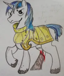 Size: 1406x1676 | Tagged: semi-grimdark, artist:star28black, shining armor, pony, unicorn, amputee, armor, blood, frown, horn, image, infection au, jpeg, looking at you, male, mlp infection, prosthetic leg, prosthetic limb, prosthetics, raised hoof, solo, stallion, tail, text, unshorn fetlocks