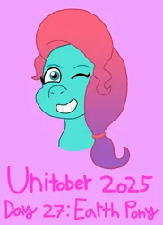 Size: 1080x1480 | Tagged: safe, artist:shucku, derpibooru import, jazz hooves, earth pony, pony, g5, female, hair tie, image, jazz has no ears, mare, multicolored hair, no ears, one eye closed, png, simple background, unitober 2025, wink