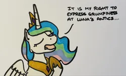 Size: 2048x1245 | Tagged: safe, artist:hoofclid, derpibooru import, princess celestia, alicorn, pony, g4, dialogue, eyes closed, female, hoof on chest, image, implied princess luna, jpeg, mare, open mouth, solo