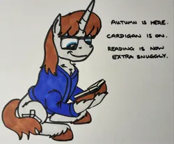Size: 2048x1699 | Tagged: safe, artist:hoofclid, derpibooru import, oc, oc:hoofclid, unofficial characters only, pony, unicorn, book, cardigan, chest fluff, clothes, glasses, horn, image, jpeg, male, marker drawing, reading, sitting, smiling, solo, stallion, sweater, traditional art, unshorn fetlocks