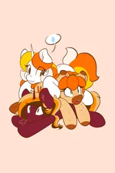 Size: 1365x2048 | Tagged: safe, artist:mscolorsplash, derpibooru import, oc, oc:candy corn, oc:fall paint, oc:pumpkin spice, unofficial characters only, earth pony, pony, unicorn, autumn, body freckles, female, freckles, horn, image, jpeg, mare, orange background, pictogram, simple background, speech bubble, sweat, sweatdrop, trio, trio female