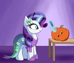 Size: 1766x1500 | Tagged: safe, artist:vomitvomiting, derpibooru import, rarity, mermaid, pony, unicorn, g4, clothes, costume, horn, image, knife, mermarity, nightmare night, png, pumpkin, solo, table