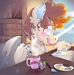 Size: 1260x1280 | Tagged: safe, artist:cutepencilcase, derpibooru import, oc, unofficial characters only, pegasus, pony, artfight, brush, cloven hooves, coffee mug, colored hooves, ear fluff, ear piercing, hooves, image, jpeg, mug, palette, pegasus oc, piercing, solo, table, tongue out, unshorn fetlocks