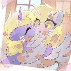 Size: 4000x4000 | Tagged: safe, artist:winstiky, derpibooru import, derpy hooves, dinky hooves, pegasus, unicorn, g4, cute, derpabetes, dinkabetes, horn, hug, image, png