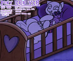 Size: 1548x1299 | Tagged: suggestive, artist:alleymutt, derpibooru import, twilight sparkle, oc, pony, g4, abdl, advertisement, bedroom, commission, crib, diaper, image, lava lamp, night, plushie, png, solo, ych example, your character here
