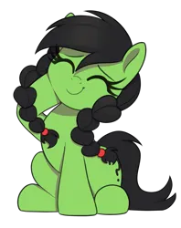 Size: 1995x2519 | Tagged: safe, artist:thebatfang, oc, oc:anonfilly, unofficial characters only, earth pony, pony, awwnonfilly, braid, cel shading, cute, earth pony oc, eyes closed, female, filly, image, pigtails, png, shading, simple background, solo, stting, transparent background, twin braids, twintails