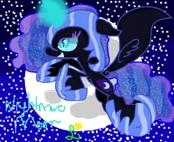 Size: 816x665 | Tagged: safe, artist:mlpslightningbolts, derpibooru import, nightmare moon, alicorn, pony, g4, cyan sclera, fangs, female, floppy ears, flying, full moon, helmet, hoof shoes, image, jpeg, magic, magic aura, mare, moon, night, night sky, peytral, purple eyelashes, sky, solo, spread wings, wings