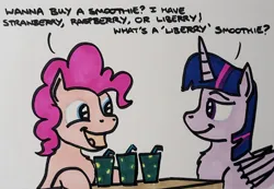 Size: 2048x1420 | Tagged: safe, artist:hoofclid, derpibooru import, pinkie pie, twilight sparkle, twilight sparkle (alicorn), alicorn, earth pony, pony, g4, chest fluff, drink, duo, duo female, female, image, jpeg, lidded eyes, mare, marker drawing, open mouth, open smile, smiling, smoothie, traditional art