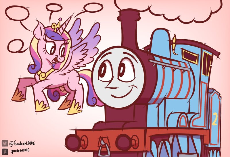 Size: 3537x2419 | Tagged: safe, artist:gordodel2006, derpibooru import, princess cadance, alicorn, pony, g4, colored, crossover, edward the blue engine, flat colors, gradient background, happy, hasbro, hit entertainment, image, jpeg, listening, locomotive, looking at each other, looking at someone, talking, thomas and friends, thomas the tank engine, train