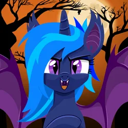 Size: 2160x2160 | Tagged: safe, artist:stellardust, derpibooru import, oc, oc:stellar dust, bat, bat pony, pony, unicorn, bat ponified, bat wings, dead tree, fangs, full moon, halloween, holiday, horn, image, looking at you, mare in the moon, moon, nightmare night, orange sky, png, purple eyes, race swap, solo, spread wings, tree, wings