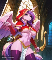 Size: 800x920 | Tagged: suggestive, ai content, derpibooru import, editor:dordrago, prompter:dordrago, princess cadance, alicorn, anthro, g4, ai composition, archer, archery, arrow, belly, belly button, bow (weapon), breasts, busty princess cadance, capelet, clothes, costume, detached sleeves, female, fingernails, halloween, halloween costume, holiday, hood, horn, image, indoors, jpeg, legwear, nightmare night, nightmare night costume, partially open wings, quiver, sexy, smiling, socks, solo, solo female, stupid sexy princess cadance, tail, thigh highs, underboob, window, wings