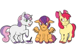 Size: 1365x810 | Tagged: safe, derpibooru import, apple bloom, scootaloo, scootaloo (g3), sweetie belle, earth pony, pegasus, pony, unicorn, g3, g4, blank flank, cutie mark crusaders, dyed hair, female, filly, foal, frown, horn, image, png, sitting, spread wings, wings