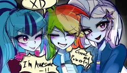 Size: 1890x1080 | Tagged: safe, artist:pulse, derpibooru import, rainbow dash, sonata dusk, trixie, human, equestria girls, g4, ;p, blue skin, bust, eyes closed, eyes open, female, great and powerful, image, jpeg, one eye closed, sketch, speech bubble, tongue out, trio, trio female, xd