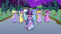 Size: 1280x720 | Tagged: safe, derpibooru import, edit, edited screencap, screencap, diamond mint, drizzle, orange blossom, parasol, prim posy, sunset bliss, twilight sparkle, earth pony, pegasus, pony, unicorn, g4, the best night ever, at the gala, background pony, clone, clothes, dress, female, gala dress, greenie sky, horn, image, mare, my little pony, png, red circle, wingless, youtube link