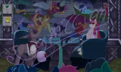 Size: 2048x1222 | Tagged: safe, artist:kai_do_kaito, derpibooru import, apple bloom, moondancer, scootaloo, sweetie belle, oc, oc:esmeralda dreamwave, alicorn, earth pony, pegasus, pony, unicorn, g4, group, horn, image, jpeg, rain, umbrella, wings