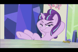 Size: 540x360 | Tagged: safe, screencap, starlight glimmer, g4, the cutie re-mark, animated, discovery family logo, female, friendship throne, gif, image, my little pony, s5 starlight, sitting, smug, smuglight glimmer, welcome home twilight, zoom