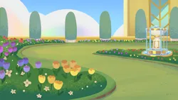 Size: 3840x2160 | Tagged: safe, derpibooru import, official, g5, my little pony: tell your tale, .psd available, background, bush, day, flower, fountain, garden, image, lil critter workshop, no pony, outdoors, path, png, royal gardens, scenery, tulip, zephyr heights