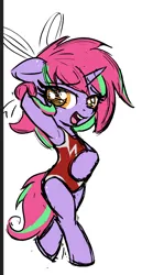 Size: 444x861 | Tagged: safe, artist:permpony, derpibooru import, oc, oc:susie supreme, unofficial characters only, pony, semi-anthro, unicorn, armpits, clothes, female, foal, horn, image, leotard, png, simple background, solo, swimsuit, white background
