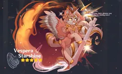 Size: 4008x2456 | Tagged: safe, artist:medkit, derpibooru import, oc, oc:vespera starshine, unofficial characters only, alicorn, bird, bird pone, hybrid, original species, parrot, pony, seraph, seraphicorn, absurd resolution, accessory, alicorn oc, bald face, blaze (coat marking), chest fluff, coat marking, colored belly, colored ear fluff, colored eyebrows, colored eyelashes, colored feathertips, colored hooves, colored lineart, colored muzzle, colored pupils, colored tassels, colored wings, complex background, crossover, crystallized heart, cutie mark, ear cleavage, ears up, english, facial marking, feather, feathered fetlocks, feathered tail, feathered wings, female, four wings, full body, genshin impact, glow, gold, gradient hooves, gradient mane, gradient wings, gritted teeth, heart ears, heterochromia, hooves, horn, image, lightly watermarked, long horn, long mane, long tail, mare, moon, multicolored wings, multiple wings, orange magic, paint tool sai 2, parrot pony, partially open wings, pink mane, png, ponysona, raised hoof, raised hooves, raised leg, shading, signature, sky, smiling, solo, splash art, starry eyes, starry sky, stars, stylus, tail, tassels, teeth, text, wall of tags, watermark, weapon, wingding eyes, wings
