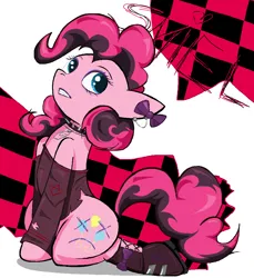 Size: 1023x1115 | Tagged: safe, artist:sallycars, derpibooru import, pinkie pie, earth pony, pony, g4, boots, choker, clothes, ear piercing, earring, emo, eyeshadow, female, fishnet clothing, fishnets, gritted teeth, image, jewelry, kneeling, legitimately amazing mspaint, legwear, lipstick, makeup, mare, ms paint, piercing, png, shirt, shoes, solo, spiked choker, stockings, teeth, thigh highs