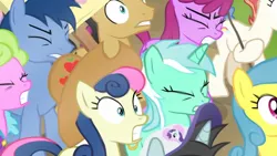 Size: 1920x1080 | Tagged: safe, ponerpics import, screencap, berry punch, blues, bon bon, cherry fizzy, daisy, flower wishes, lavender bloom, lemon hearts, lyra heartstrings, neon lights, noteworthy, rainbow stars, rising star, earth pony, pony, unicorn, fame and misfortune, eyes closed, female, gritted teeth, image, implied twilight sparkle, male, mare, png, stallion, traditional royal canterlot voice
