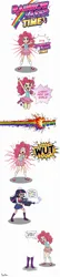 Size: 1024x4775 | Tagged: safe, artist:thebadfaerie, derpibooru import, pinkie pie, sci-twi, twilight sparkle, human, equestria girls, g4, accidental death, boots, clothes, comic, dark comedy, female, high heel boots, image, implied death, jpeg, laser rifle, laser weapon, shoes, simple background, skirt, white background