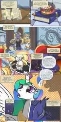 Size: 1024x2048 | Tagged: safe, artist:thebadfaerie, derpibooru import, princess celestia, princess luna, alicorn, pony, unicorn, comic:shadows of the past, g4, bag, book, clothes, comic, female, horn, image, levitation, magic, maid, male, mare, money bag, png, royal guard, stallion, telekinesis