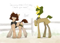 Size: 2437x1735 | Tagged: safe, artist:jehr, derpibooru import, oc, oc:digamma, oc:disigma, unofficial characters only, earth pony, insect, ladybug, pony, unicorn, alternate color palette, alternate cutie mark, alternate design, alternate universe, angry, blushing, bobcut, bun hairstyle, clothes, coat, colored, cravat, cross-popping veins, dirt, dirty, dirty hooves, dork, duo, duo male and female, ears up, emanata, eyelashes, farm, female, femboy, fence, frown, garters, green eyes, green hair, green mane, harness, horn, image, in love, leaf, long ears, long horn, long legs, looking at each other, looking at someone, looking back, male, messy mane, pants, png, question mark, raised hoof, scowl, scratches, shadow, shadowed face, short hair, short tail, shrunken pupils, simple background, sketch, skirt, sparkles, speech bubble, straw in mouth, suit, tack, tail, talking, teeth, text, thin, thin legs, two toned hair, two toned mane, walking, white background, yellow body